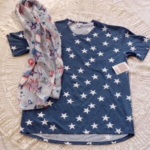 LuLaRoe Patriotic Star Pattern Short Sleeve   T-Shirt & Scarf Bundle Sz XL